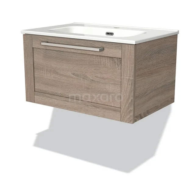 Modulo Bathroom furniture with sink | 70 cm Oak Frame front Ceramic 1 drawer BMW11-00745 Wooden bathroom unit with light brown wood look, integrated vanity units with basin and metal handle, modern and space-saving design.