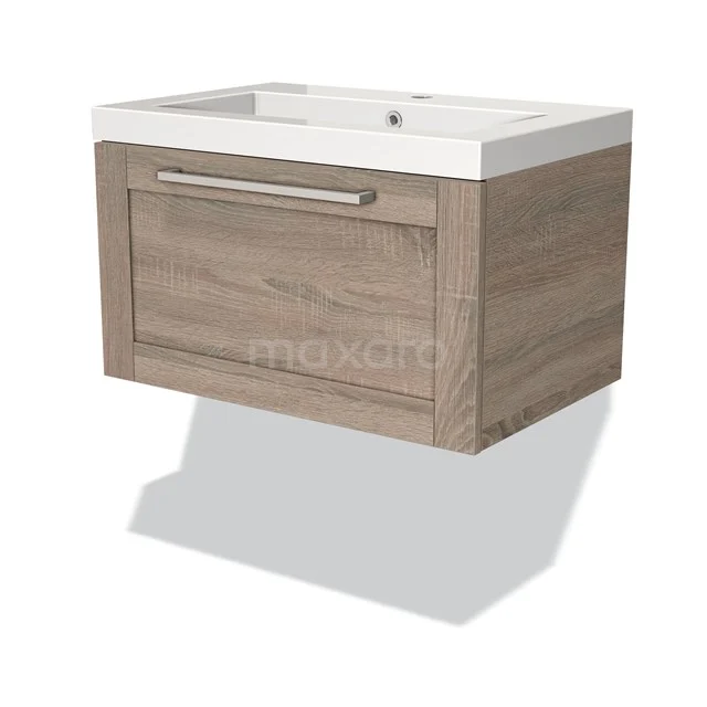 Modulo Waschtische | 70 cm Eiche Rahmen front Mineralguss 1 Schublade BMW11-00746 Holz Badezimmermöbel mit Schublade, hängendes Design in heller Eiche, einschließlich weißem Waschbecken und modernem metallenen Haltegriff.