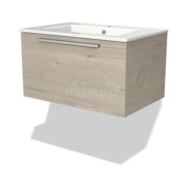 Houten badkamermeubel met wastafel, lichte houtkleur, modern design, wandmontage, ideaal voor een stijlvolle badkamer inrichting.