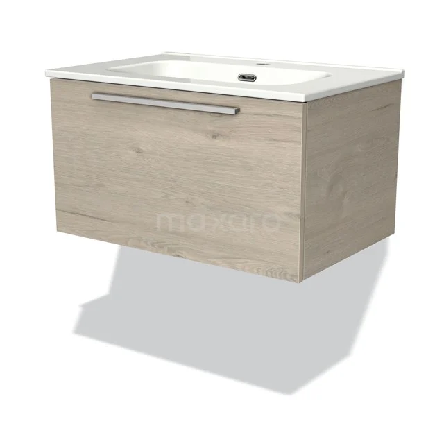 Zwevende badkamerkast met wastafel, licht houtkleurig, strak design en metalen handgreep voor een moderne badkamer.
