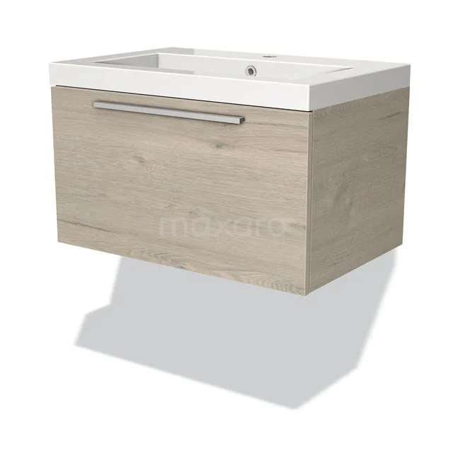 Houten wastafelmeubel met lade in eikenlook, wandhangend design, ideaal voor moderne badkamers.