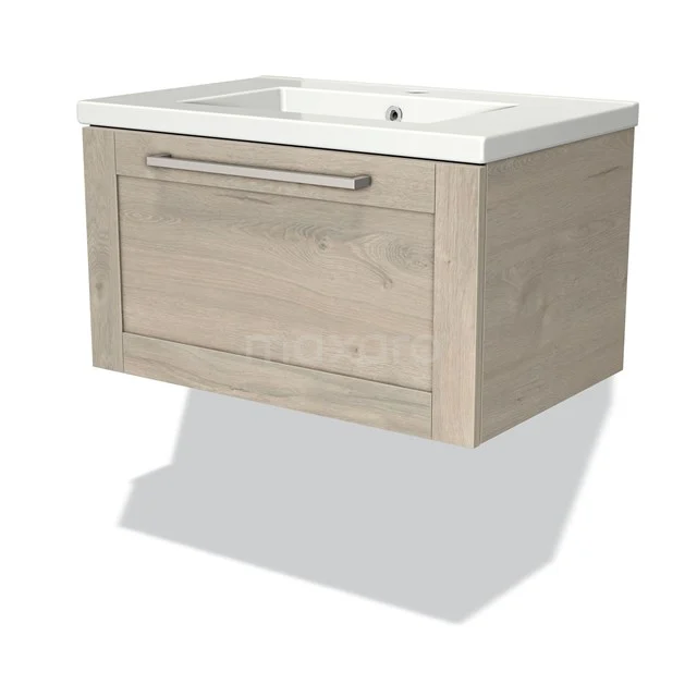 Modulo Vanity units with basin | 70 cm Light grey oak Frame front Ceramic 1 drawer BMW11-00755 Wooden bathroom unit with drawer, modern handle and built-in white sink, perfect for stylish bathroom design.