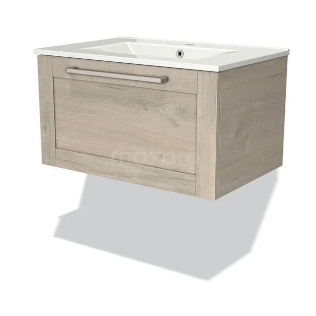 Wooden Bathroom unit with hanging design, light Oak look and integrated white basin, ideal for modern bathrooms.