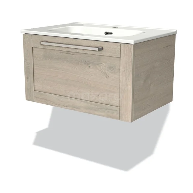 Hanging bathroom unit in light Oak, with white vanity units with basin and integrated drawer, ideal for stylish bathroom storage.