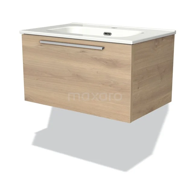 Houten hangende badkamerkast met rechthoekige wasbak, modern design, lichte eiken afwerking en chroom handgreep.