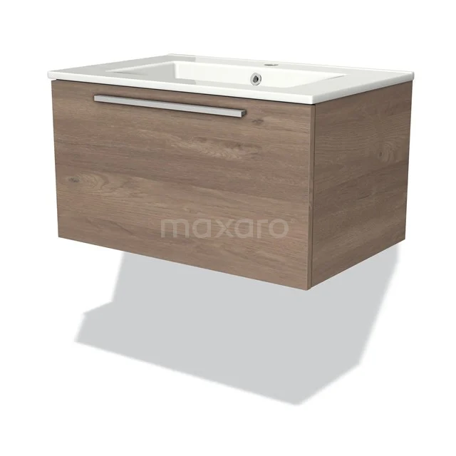 Houten badkamermeubel met wastafel, hangend design, eikenlook, metalen handgreep en ruime lade voor badkameropslag.
