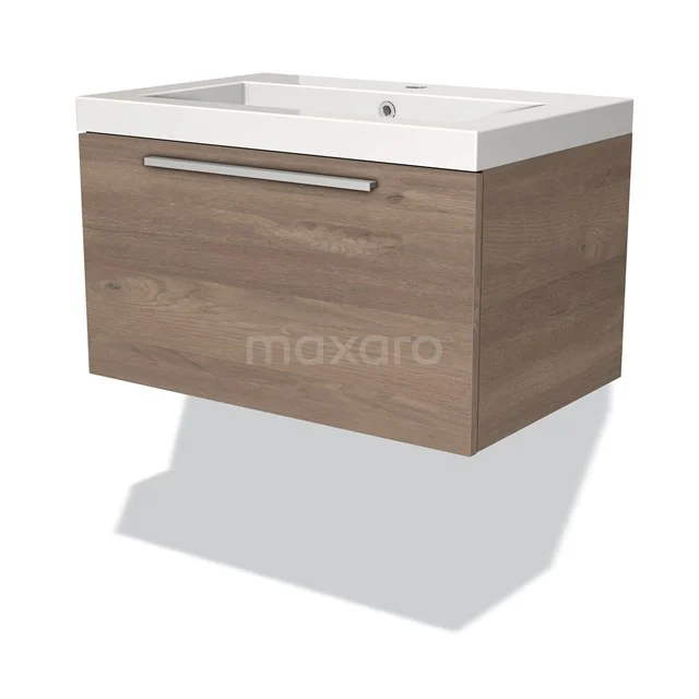 Wandhängendes Badmöbel in Eicheholzoptik mit weißem Waschbecken, modernes Design und schmalem metallischen Haltegriff.