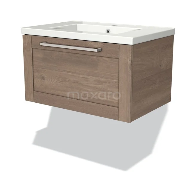Wooden bathroom unit with white vanity units with basin, wall-mounted, modern design, fitted with drawer and metal handle.