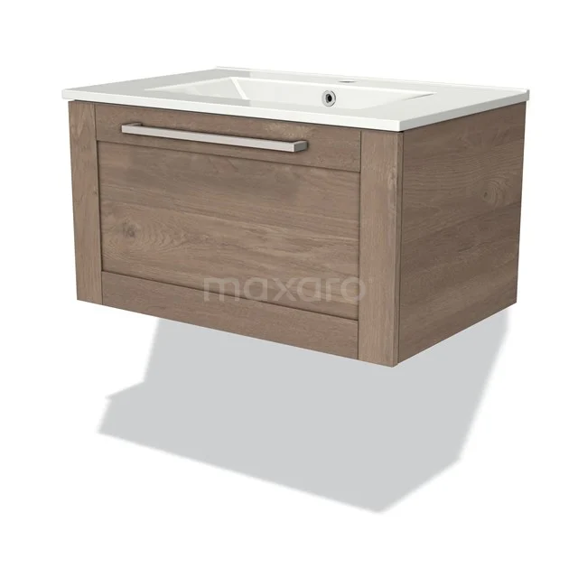 Modulo Vanity units with basin | 70 cm Mid brown oak Frame front Ceramic 1 drawer BMW11-00780 Bathroom wooden vanity unit with drawers and white ceramic sink, hanging design from the Modern Basic series.