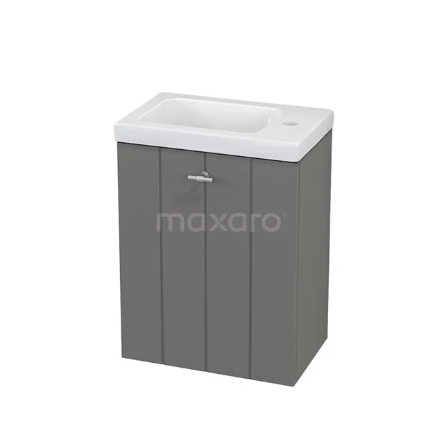 Grey bathroom cabinet with white ceramic basin, space-saving design, ideal for compact bathrooms.