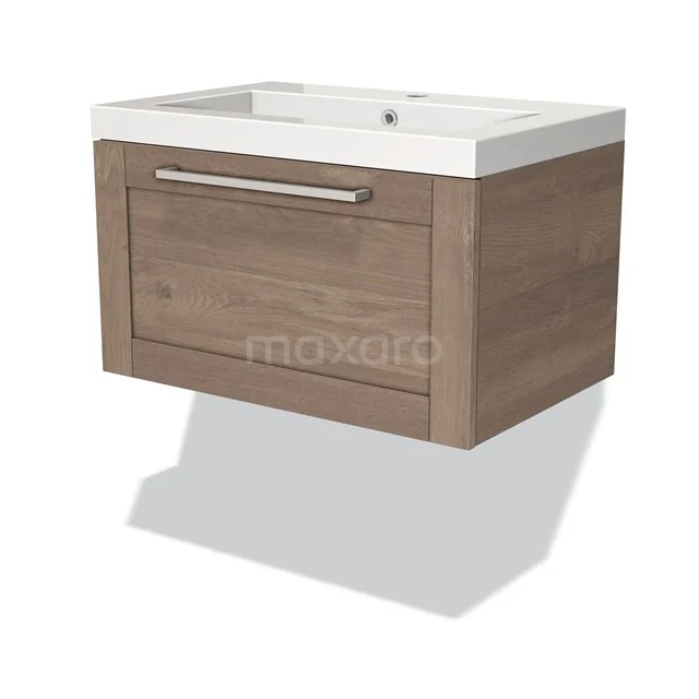 Holz-Badmöbel mit White-Top Waschbecken, Wandmontage und metallischem Haltegriff; ideal für ein modernes Badezimmer.