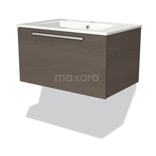 Wandhangend badkamermeubel houtlook, breedte 60 cm, met geïntegreerde wastafel en metalen handgreep.