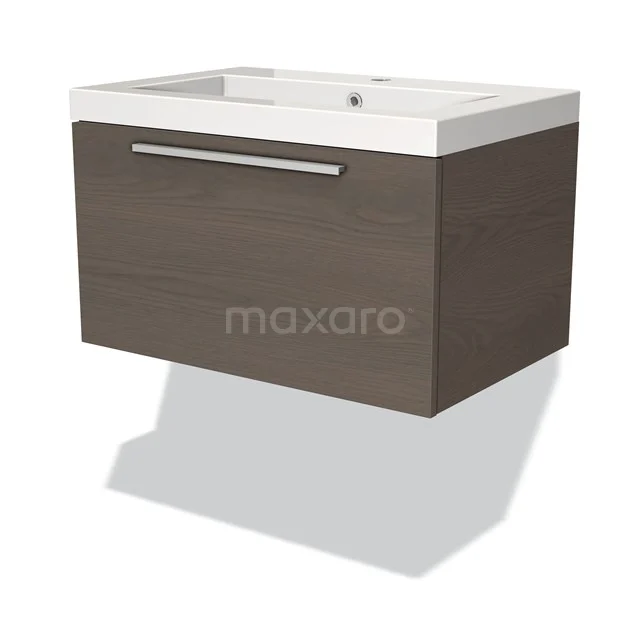 Wall-mounted bathroom unit, dark wood look, with integrated white sink and metal handle. Modern design.