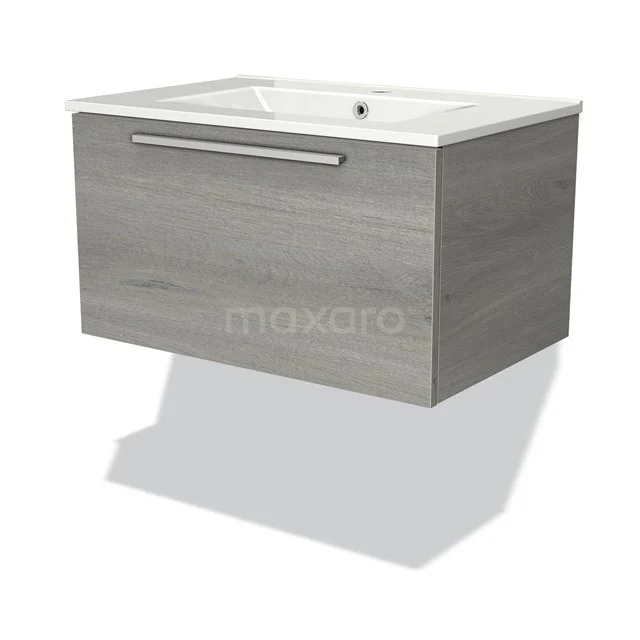 Grijs eiken wastafelmeubel met lade, strak design, inclusief witte keramische wastafel en verchroomde handgreep.