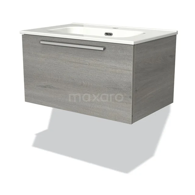 Wandhangend badkamermeubel met lade, lichtgrijs houtdesign, moderne wastafel en metalen handgreep.