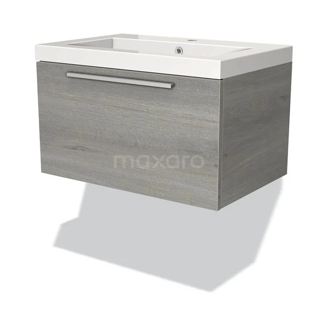 Grau Holzlook Badmöbel mit weißem Waschbecken, modernes Design und breitem metallischem Haltegriff. Perfekt für stilvolle Bäder.