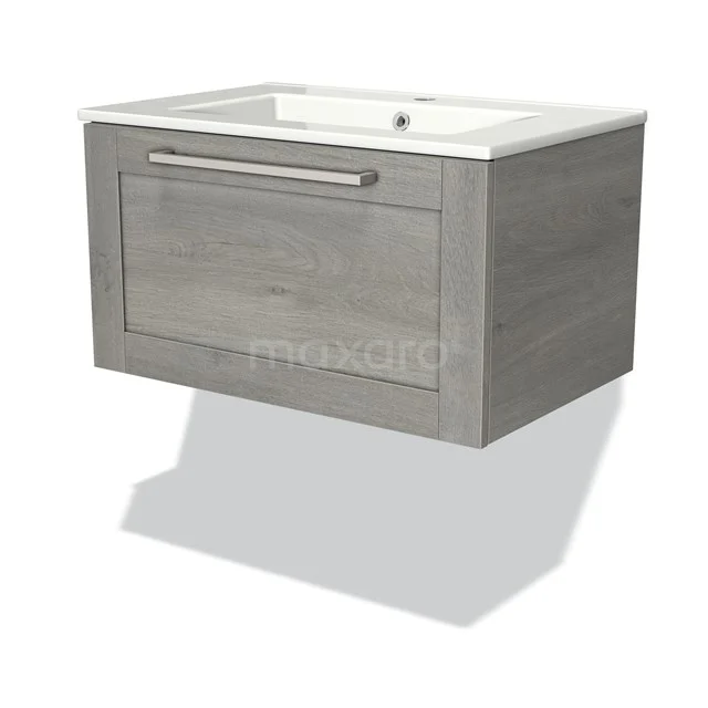 Wooden bathroom unit with grey oak look, including built-in vanity units with basin and metal Handle, ideal for modern bathrooms.