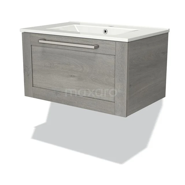 Graues Holz Badezimmermöbel mit Schublade, rechteckiges Design, keramisches Waschbecken und moderner Haltegriff.