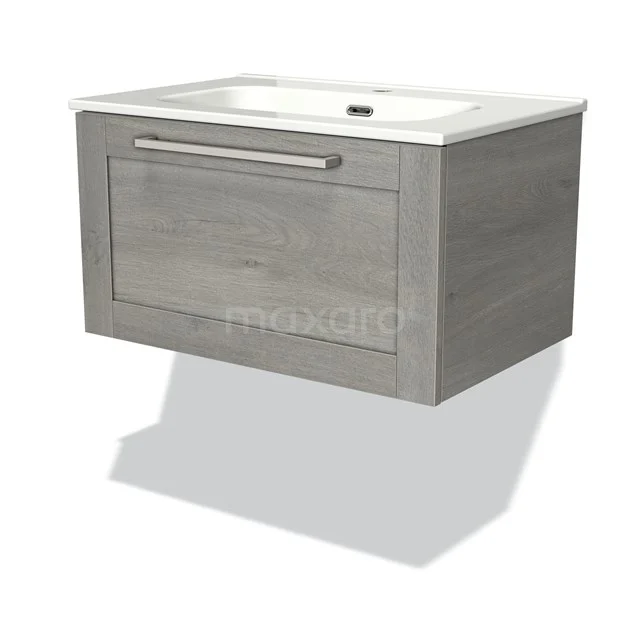 Grijze hangende badkamermeubel met lade, moderne houtlook, geïntegreerde wastafel en chroom handgreep.