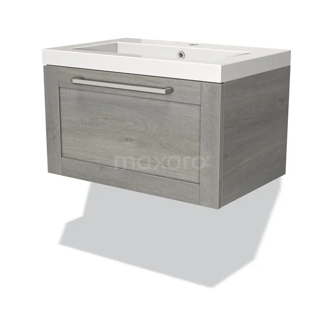 Grijze houten wastafelonderkast met lade en geïntegreerde keramische wasbak, perfect voor een moderne badkamer.