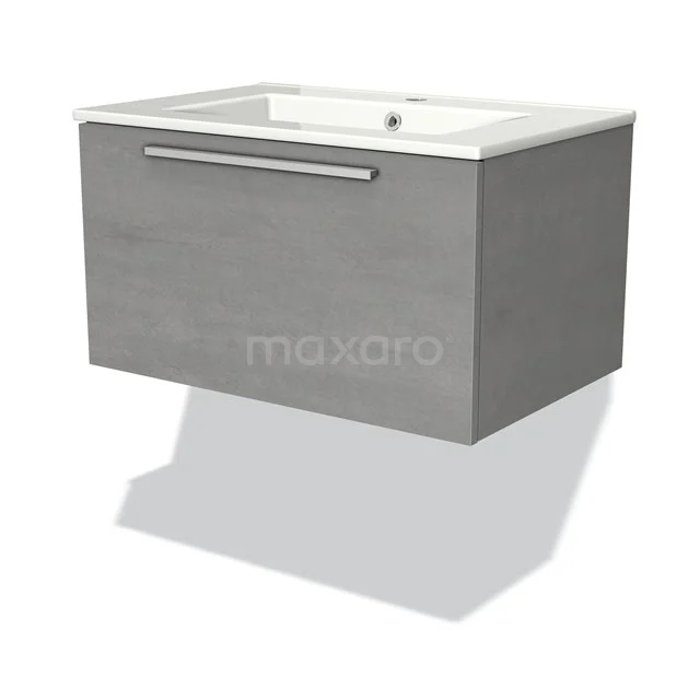 Graue schwebende Waschbeckenunterschrank mit Schublade, schlichte Verarbeitung und integriertem Waschbecken für einen modernen Badezimmerstil.