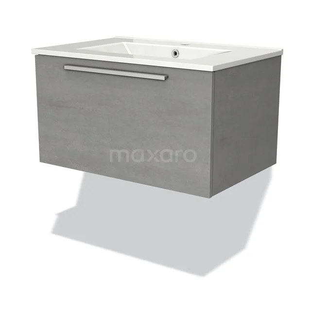 Grijze hangende badkamerkast met ingebouwde wastafel, minimalistisch ontwerp, voorzien van metalen handgreep.