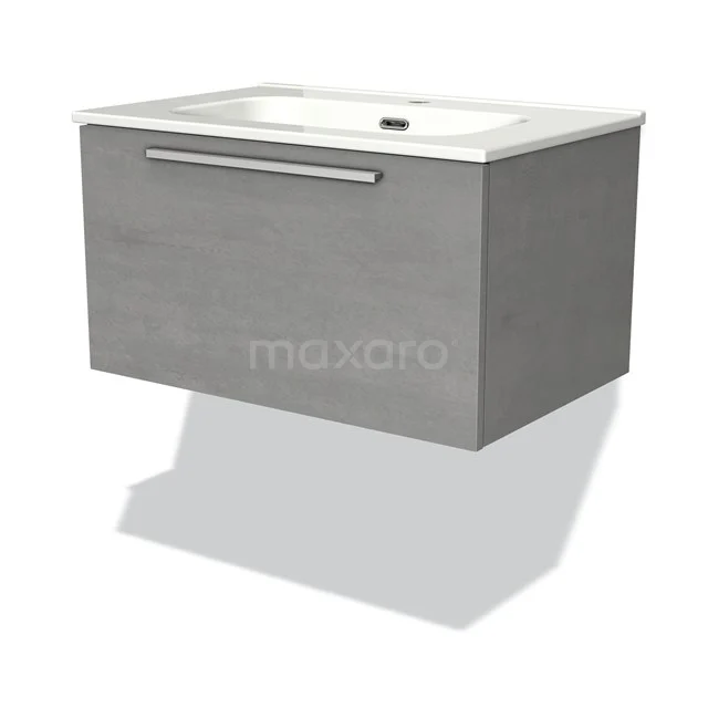 Grijze hangende badkamermeubel met lade, wit keramisch wastafelblad, modern design, ideaal voor compacte badkamers.