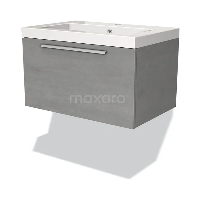 Grijze zwevende badkamermeubelset met lade en witte keramische wastafel, modern design met houtlook.