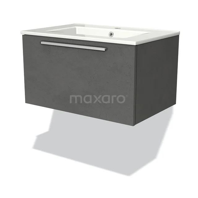 Dark grey floating bathroom furniture set with white sink, sleek design, fitted with handle and plenty of storage space.