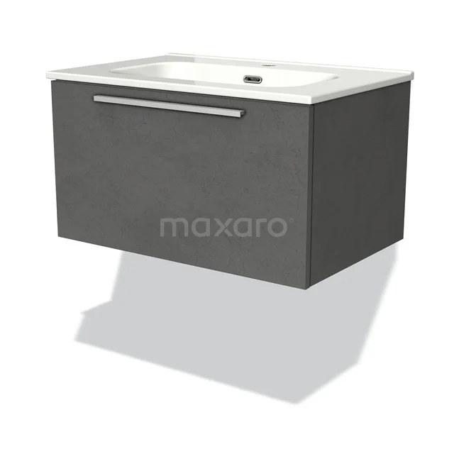 Grijze zwevende wastafelmeubel met matte afwerking en witte keramische wasbak, ideaal voor een strakke moderne badkamer.
