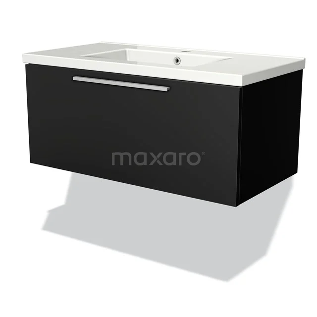 Black floating bathroom unit with glossy drawer, integrated white vanity units with basin and sleek stainless steel handle.