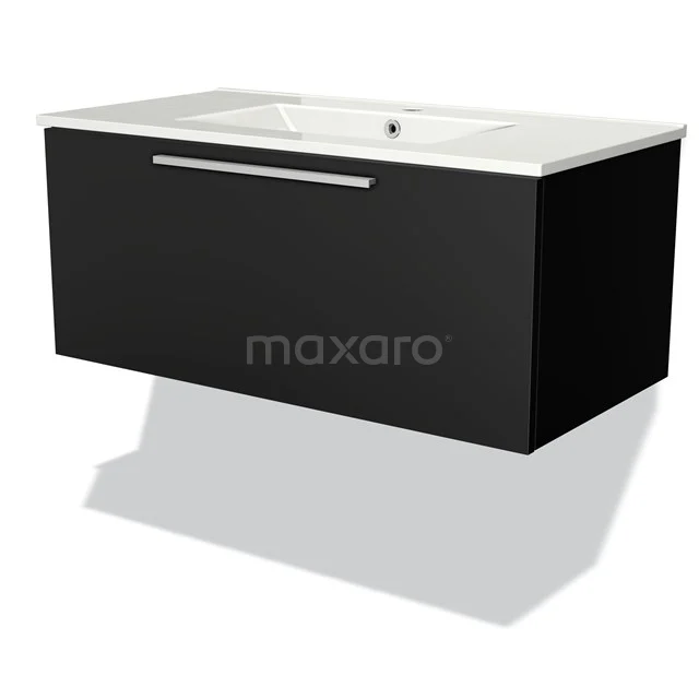 Schwarzer hängender Badschrank mit weißem keramischen Waschbecken, klare Formgebung und modernes Design, ideal für stilvolle Bäder.