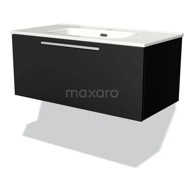 Black floating bathroom unit with vanity units with basin, minimalist design and chrome handle.