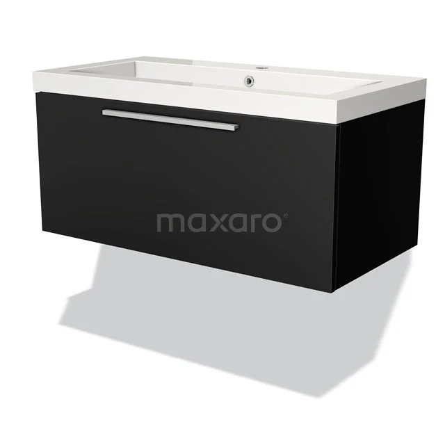 Modulo Waschtische | 90 cm Matt Schwarz Flach front Mineralguss 1 Schublade BMW11-00824 Schwarzes hängendes Waschtisch mit rechteckiger Form, Hochglanz-Oberfläche und integriertem Waschbecken. Perfekt für moderne Bäder.