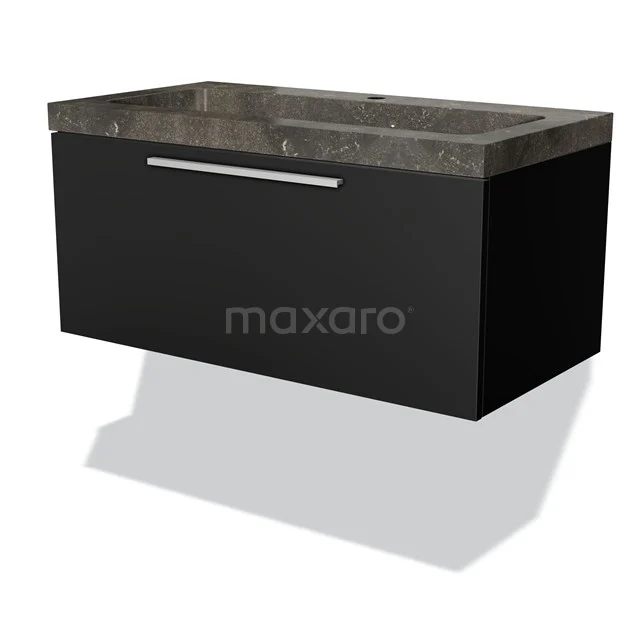 Black floating bathroom unit with drawers, mineral marble basin and dark stone look, suitable for modern bathrooms.