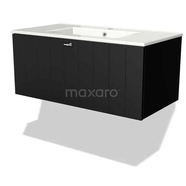 Modulo Vanity units with basin | 90 cm Matte black Slat front Ceramic 1 drawer BMW11-00828 Black suspended bathroom unit with integrated vanity units with basin, modern design, matte finish and clean lines.
