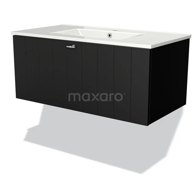 Modulo Bathroom furniture with sink | 90 cm Matte black Slat front Ceramic 1 drawer BMW11-00830 Black wooden vanity unit with white ceramic sink, ideal for modern bathrooms. Wall-mounted without legs.