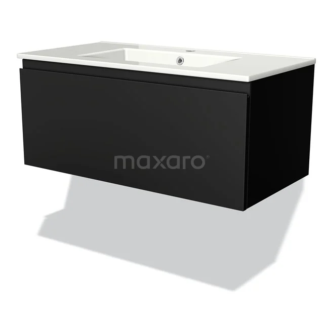 Modulo Bathroom furniture with sink | 90 cm Matte black Handle-less front Ceramic 1 drawer BMW11-00836 Black hanging vanity unit with white ceramic sink, modern design for a stylish bathroom.