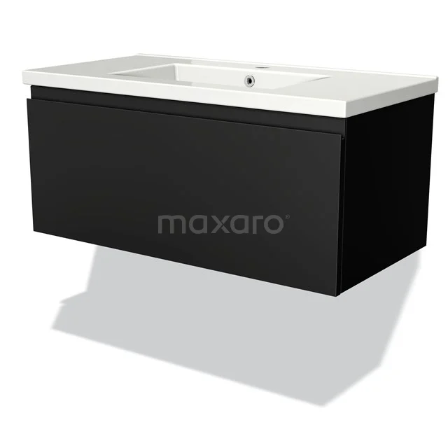 Black floating vanity unit with white ceramic sink, modern design for stylish bathroom fittings.
