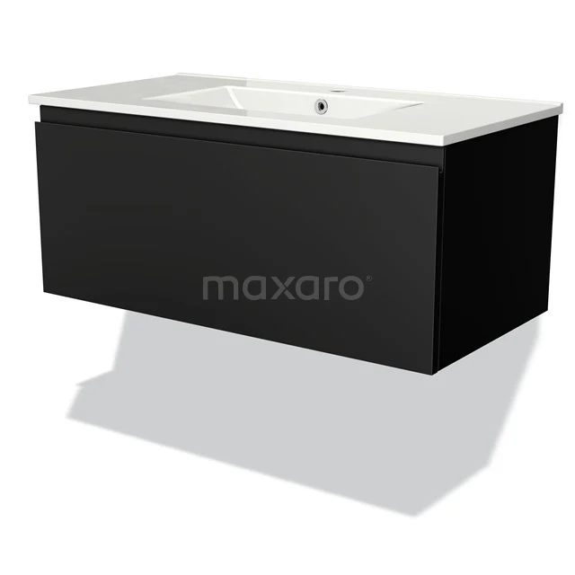 Modulo Bathroom furniture with sink | 90 cm Matte black Handle-less front Ceramic 1 drawer BMW11-00838 Black suspended vanity unit with white ceramic basin, sleek design, ideal for modern bathroom design.