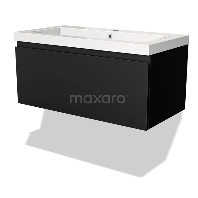 Modulo Bathroom furniture with sink | 90 cm Matte black Handle-less front Mineral marble 1 drawer BMW11-00840 Black floating vanity unit, modern design, matte finish, with white ceramic basin, perfect for a stylish bathroom.