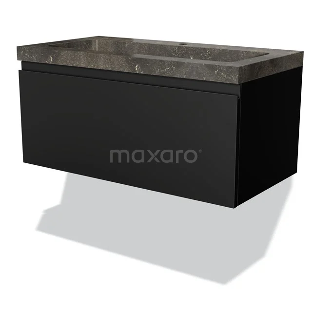 Schwarz hängendes Badezimmermöbel mit Steinoptik Waschbecken, schlankes Design und moderne matte Oberfläche, ideal für luxuriöse Bäder.