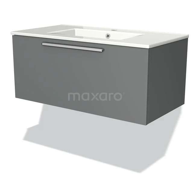 Grijze badkamermeubel met witte wastafel, modern hangend design, rechte lijnen en metalen handgreep, ideaal voor een stijlvolle badkamer.