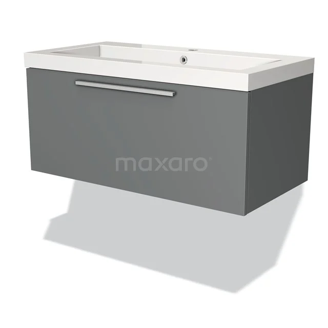Grey hanging bathroom cabinet with white basin, metal Handle and sleek design; ideal for modern bathrooms.
