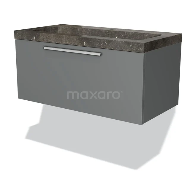 Grijze badkamerkast met lade, zwart marmerblad en geïntegreerde wastafel, modern design van duurzame materialen.