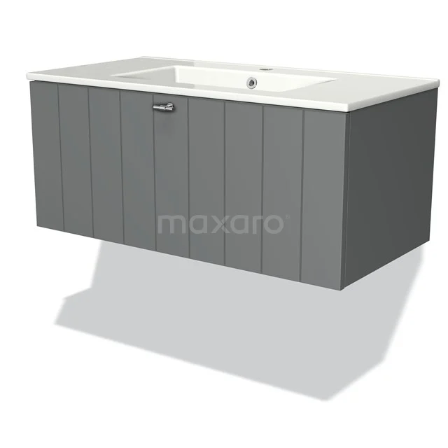 Grey wooden bathroom wall cabinet with white basin, sleek design and modern look.