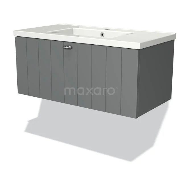 Modulo Waschtische | 90 cm Mittelgrau Lamelle front Keramik 1 Schublade BMW11-00853 Grau Waschtisch mit vertikalen Rillen, weißem keramischen Waschbecken und modernem Schubladengriff, ideal für ein stilvolles Badezimmer.