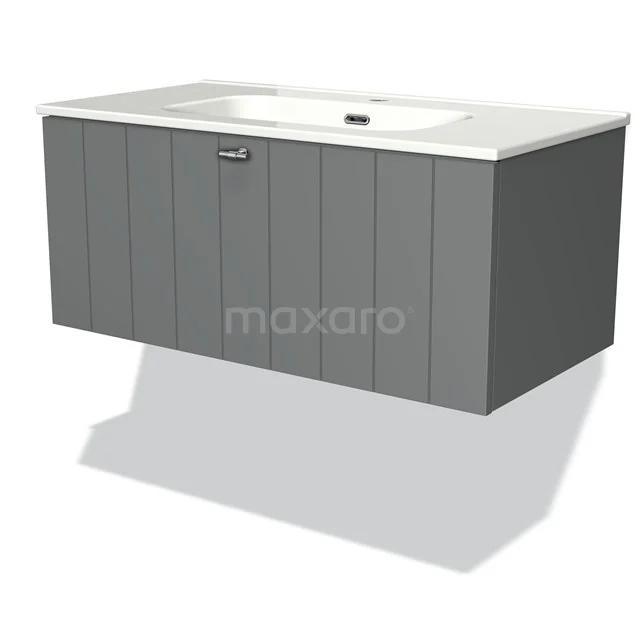 Grey hanging bathroom furniture set with integrated basin, modern vertical lines and metal handle.