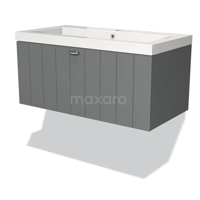 Grauer Badschrank mit integriertem weißen Waschbecken, modernem Rippmuster und hängendem Design für stilvolle Badezimmerlagerung.