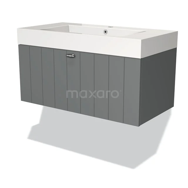 Modulo Waschtische | 90 cm Mittelgrau Lamelle front Mineralguss 1 Schublade BMW11-00857 Graue wandmontierte Badmöbelset mit integrierter weißer Waschbecken, modernes Paneeldesign, ideal für ein stilvolles Badezimmer.